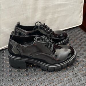 Madden Girl Black Patent Lace-Up Chunky Lug Heel Boots